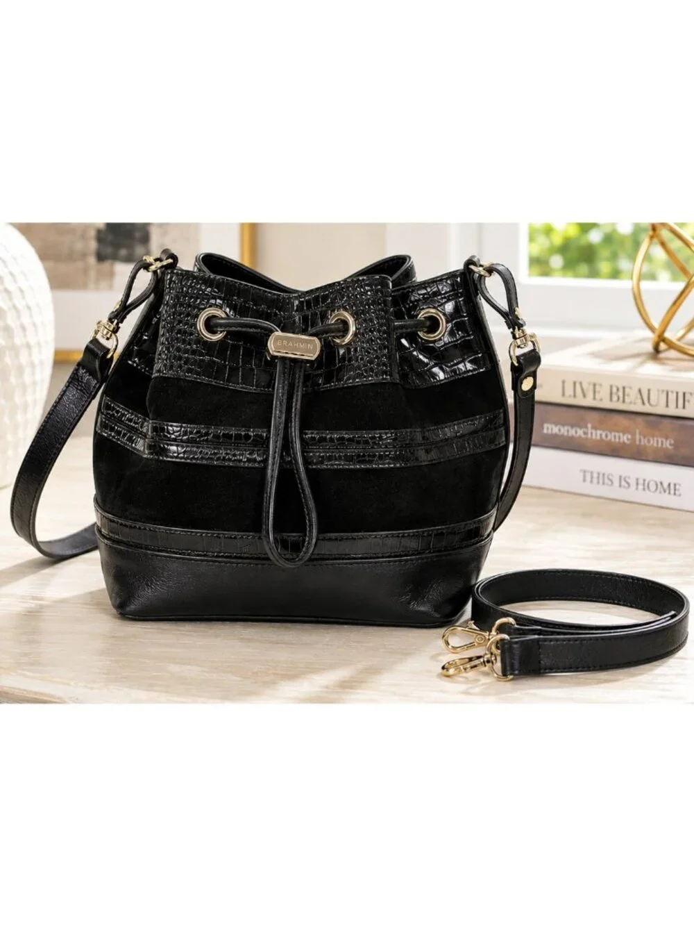 Brahmin Black Leather Bucket Bag Croc Embossed Suede Convertible Crossbody